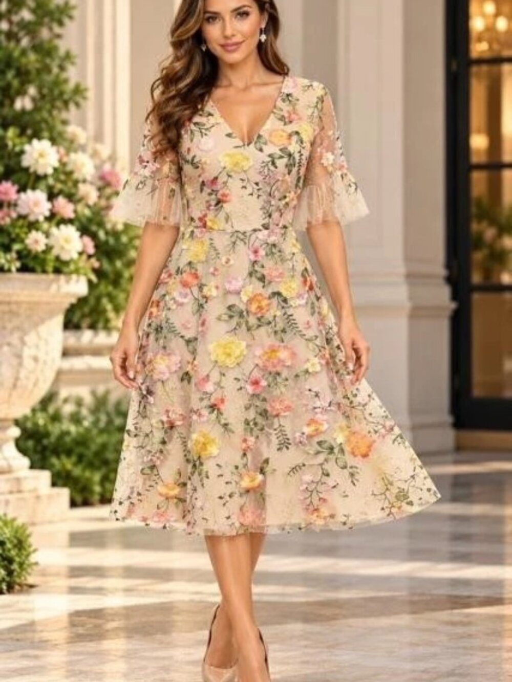 AW Bridal Nude Multi Floral Embroidered Midi Dress